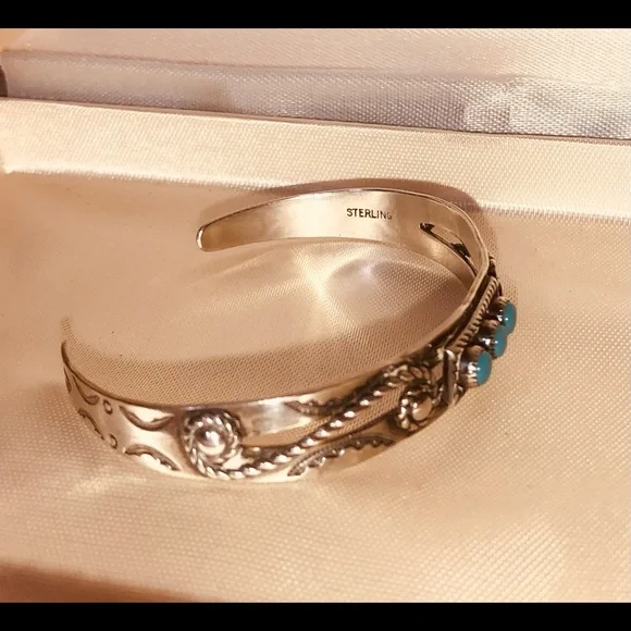 Native American Sterling Silver Turquoise Ornate Cuff Bracelet Antique Vintage